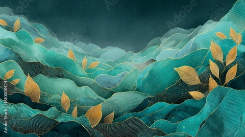 Abstract teal layered landscape with gold leaf accents. Elegant and serene design
