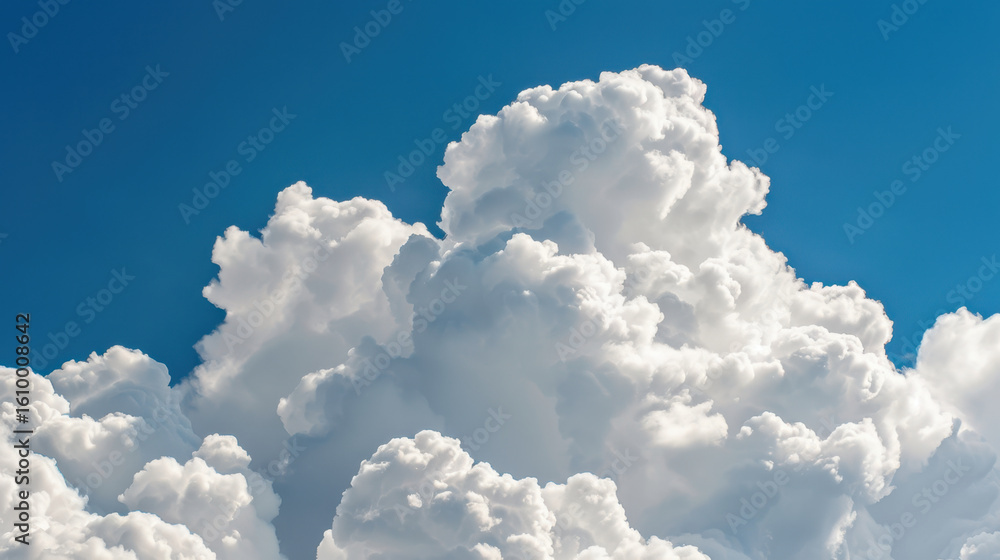 Naklejka premium Fluffy white clouds with smooth edges create stunning contrast against bright blue sky, evoking sense of tranquility and wonder