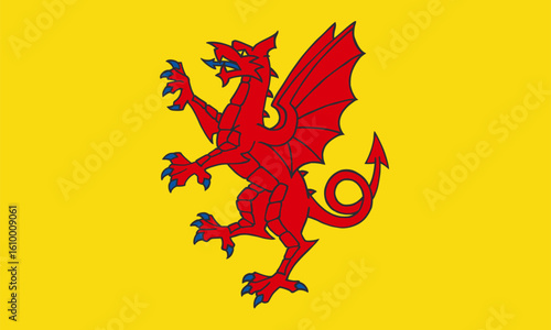 Somerset flag vector illustration isolated. South West England region province in United Kingdom. Somerset flag with coat of arms dragon COA. Heraldry national symbol. Heraldic animal angry beast sign