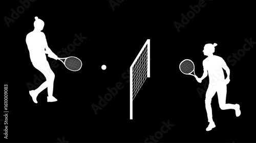 Woman tennis player vector silhouette illustration isolated. Sport shadow. Recreation pose. Girl play tennis shape. Active lady hobby training after work. Anti stress worming up. Women tennis match.