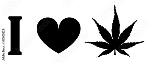 Emblem T shirt print I love marijuana leaf vector silhouette illustration isolated. Natural ganja relax plant. Jamaica happy good mood medical plant relaxation banner. Urban culture symbol sticker.