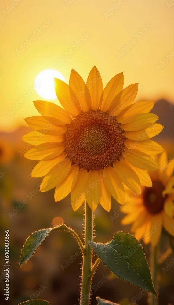 Fototapeta premium Isolated sunflower facing sun, dry field, harsh light , bright, resilient