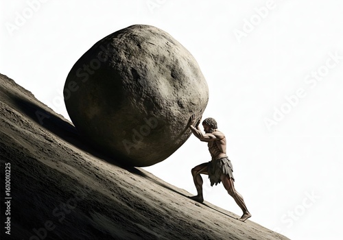 Minimalist representation of the myth of Sisyphus pushing a boulder uphill