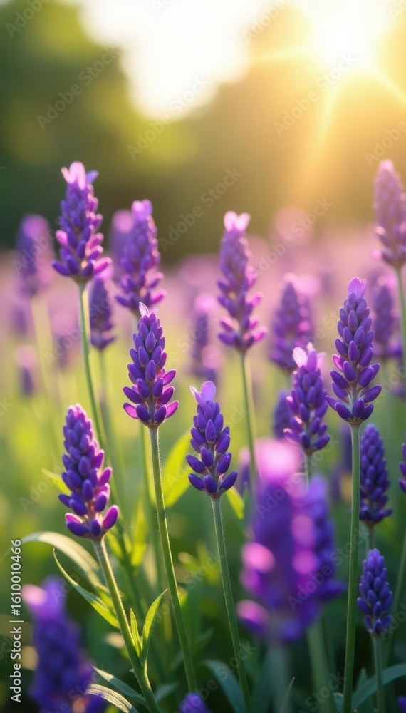 Fototapeta premium Purple lavender blooms fill a sun-drenched field , serene, peaceful, sky