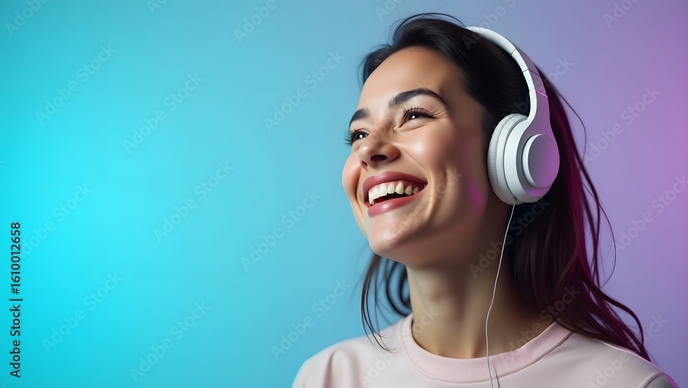 Naklejka premium Realistic 3D Render of Smiling Young Woman Wearing Wireless Headphones on Gradient Background