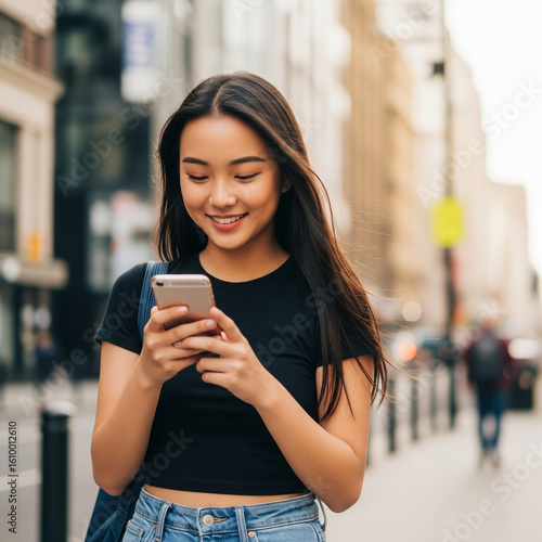Candid photo of happy Asian teenage female model influencer using apps chatting on smartphone in the city. Smiling cool teen girl holding mobile cell phone looking at cellphone having fun outdoors.
