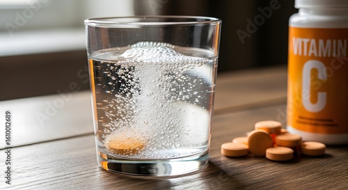 Vitamin C effervescent tablet dissolving in a glass of water, with a bottle and loose tablets on a wooden surface.