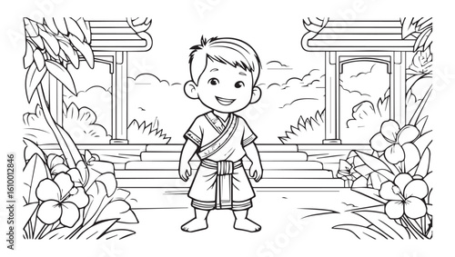 balinese character wearing traditional clothes standing in front of bali temple black and white outline coloring page