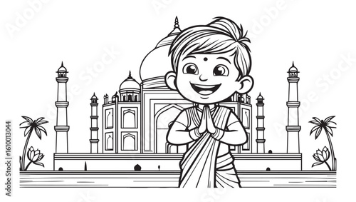 indian character wearing traditional clothes standing in front of taj mahal black and white outline coloring page