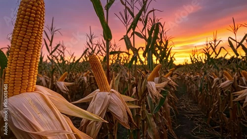 Ripe corn plants stand in a vast field at sunset Golden light illuminates the harvest ready crops beautifully