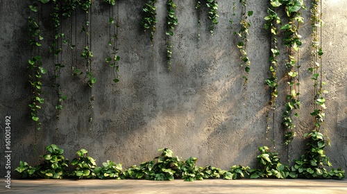 Ivy drapes down aged concrete wall, nature abounds
