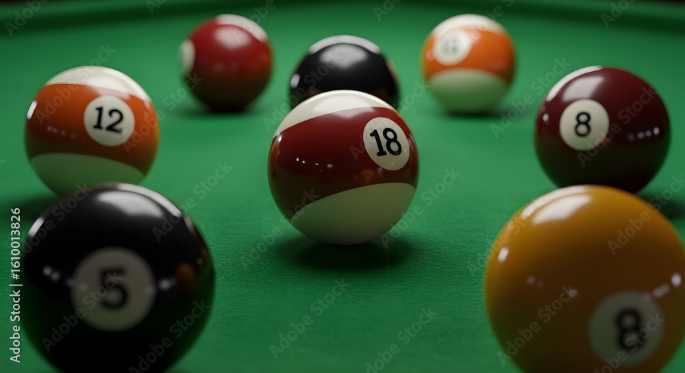 A close-up shot of various billiard balls arranged on a green pool table, ready for a game. A close-up shot of various billiard balls arranged on a green pool table, ready for a game.