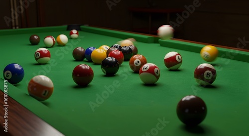 Billiard balls scattered across a green pool table, a game in motion.