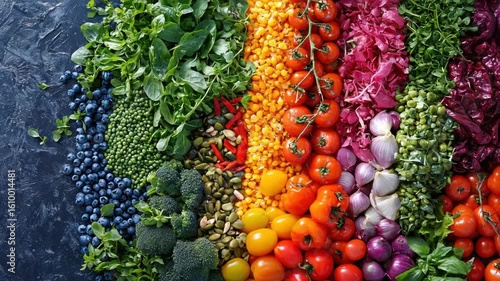 Vibrant rainbow of fresh produce arranged on dark surface