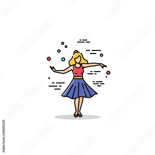 Juggling Performance, Female Entertainer, Vibrant Stage, Illustration, Creative Setting, Frontal View, Joyful Concept
