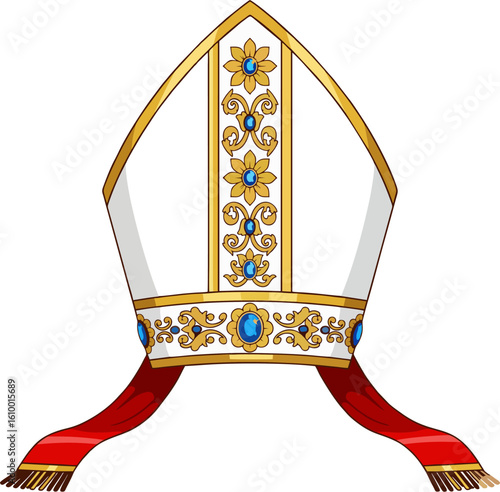 Elegant Vector Bishop Mitre with Blue Floral Ornaments, Gold Trim, and Red Tails