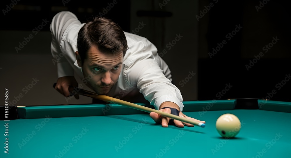 Fototapeta premium Concentrated man taking a precise shot in a dimly lit billiards hall.