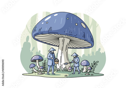 Fantasy Mushroom Forest with Tiny Foragers Illustration