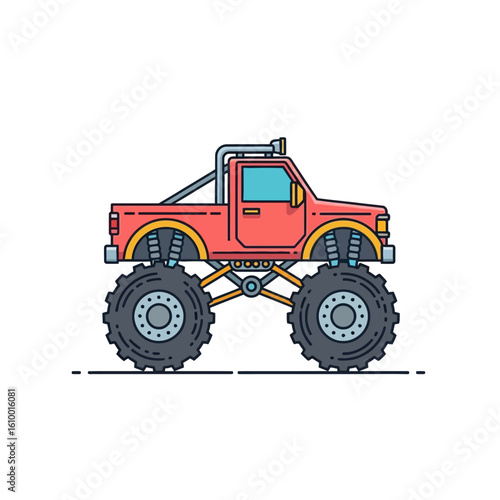 Exciting Monster Truck Show, Vehicle Enthusiasts, Outdoor Arena, Illustration, Dynamic Action, Side View, Adventure Concept