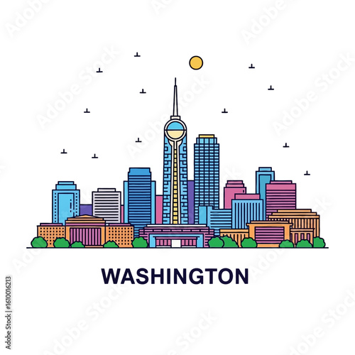 Urban Skyline Illustration, Washington D.C., Cityscape Art, Modern Design, Vibrant Environment, Aerial Perspective