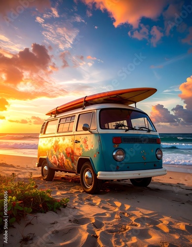 A vintage blue and white van with a surfboard parked on a sandy beach at sunset.