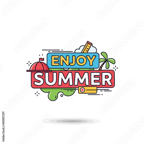 Enjoy Summer: A vibrant graphic design of a summer theme, displaying the words Enjoy Summer with summery icons like umbrella, palm tree and more, perfect for holiday advertisement.