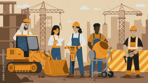 Flat vector illustration showing teamwork, industrial development, and safety equipment in a modern urban construction environment.
