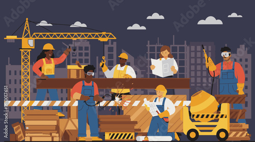 Flat vector illustration showing teamwork, industrial development, and safety equipment in a modern urban construction environment.