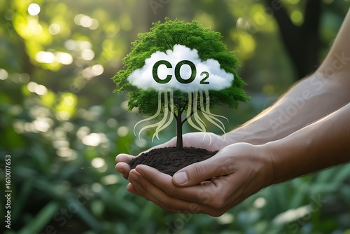 Lush green tree with C O2 cloud held in caring hands carbon dioxide