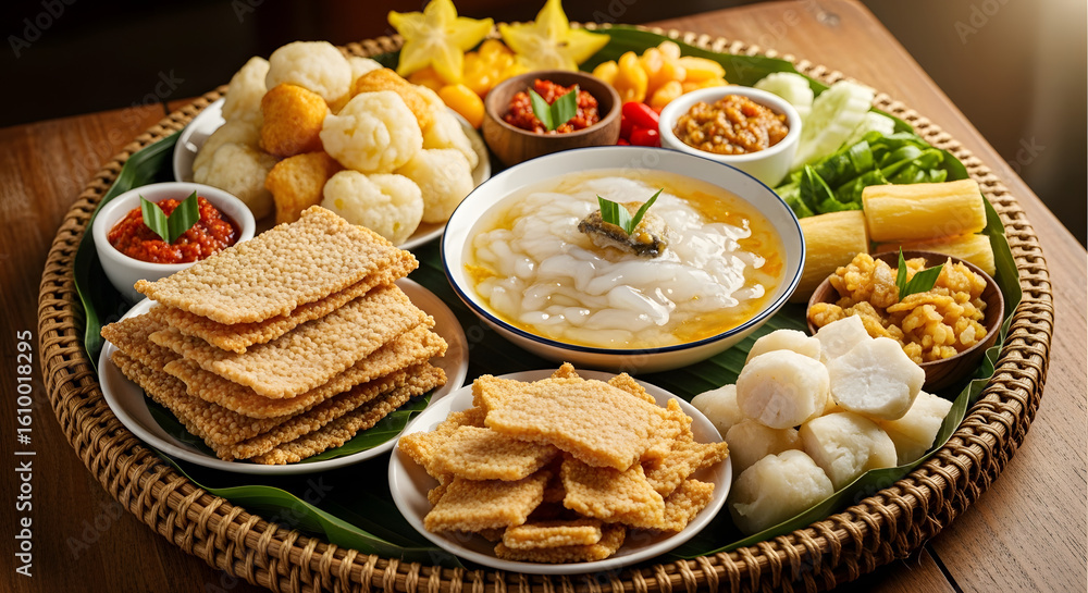 Traditional Indonesian culinary delights presented on a woven tray, showcasing a rich cultural Traditional Indonesian culinary delights presented on a woven tray, showcasing a rich cultural