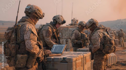 Military Personnel Using Laptop in Desert Operation