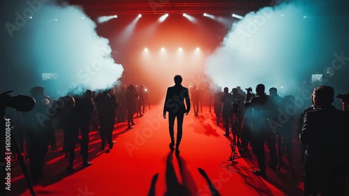 A lone figure walks a red carpet, surrounded by a crowd and flashing cameras under dramatic lighting