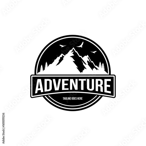 monochrome adventure logo with mountain illustration