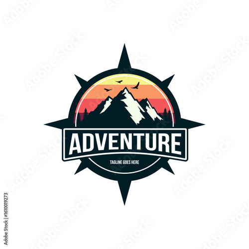 mountain adventure logo with sunset logo design