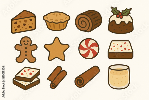 Set of Classic Christmas Dessert Icons in Flat Vector Style
