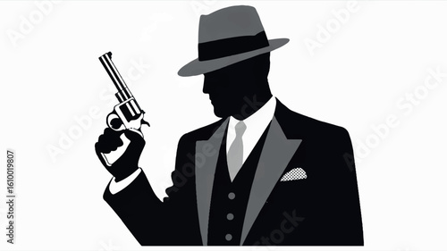 Minimalist black and white illustration of a gangster in a fedora and suit holding a revolver