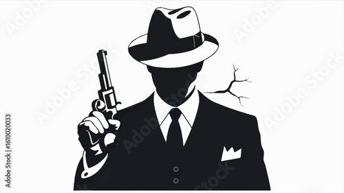 Minimalist black and white illustration of a gangster in a fedora and suit holding a revolver