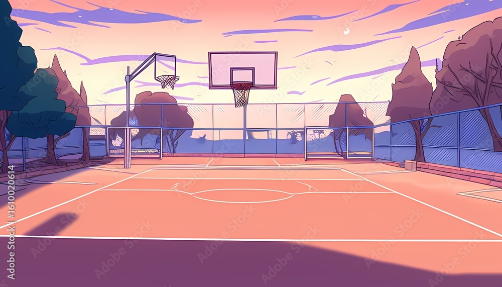 Naklejka premium Basketball court at sunset in tranquil atmosphere. An empty outdoor court with the backdrop of a sunset sky evokes a sense of solitude and the quiet anticipation of a game