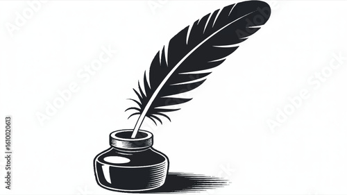 Minimalist black and white illustration of a classic quill pen and inkwell