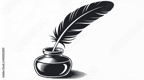 Minimalist black and white illustration of a classic quill pen and inkwell