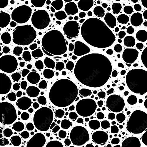 Seamless pattern of black circles and irregular shapes on a white background with organic connections