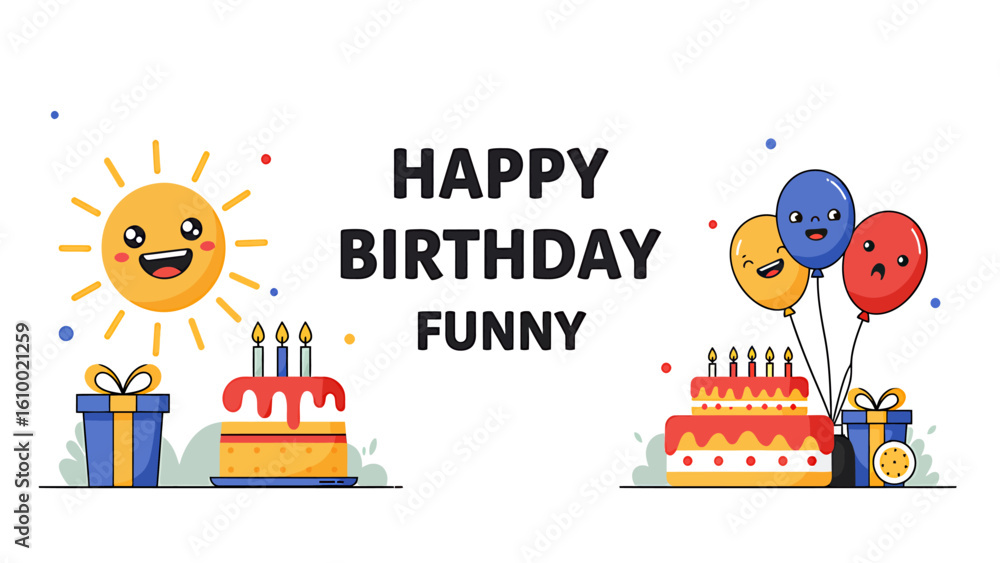 Fototapeta premium Funny Birthday Celebration with Cake, Balloons, Gifts, and Sunshine in a Colorful Graphic Design