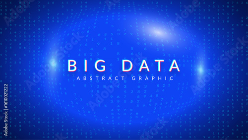 Big Data Flow Abstract Background. Technology Bg With Dynamic  Lines, Dots And Numbers For AI Network. Digital Analysis In The Form Of A Geometric Banner With Neon Accents. Blue Tech Big Data Flow