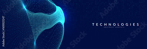 Big Data Wave Abstract Background. Technology Bg With Dynamic  Lines, Dots And Numbers For AI Network. Digital Cloud Pattern With A Gradient Effect And Information Flow. Blue Tech Big Data Wave