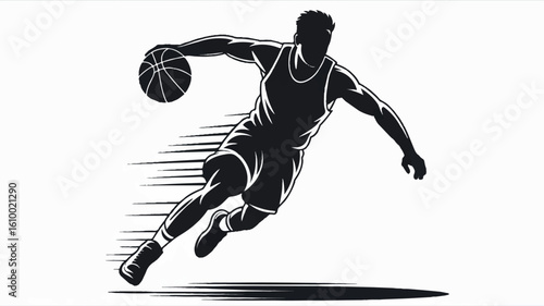 Dynamic silhouette of a basketball player in mid action captured in a classic black and white illustration