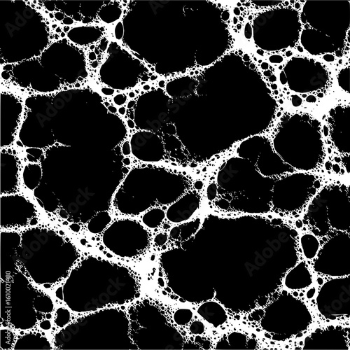 Abstract black and white network of interconnected circles and irregular shapes creating a complex pattern