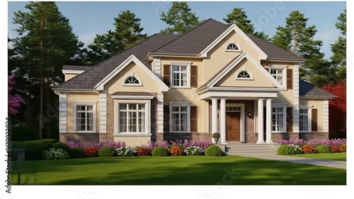 View of a two story house with a lawn and garden in front and trees surrounding the property area