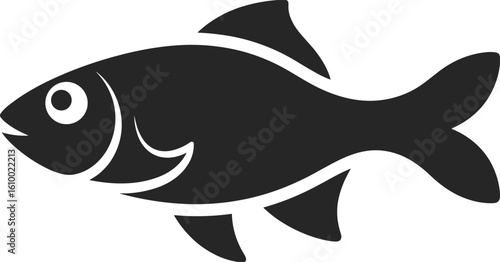 Black fish silhouette illustration, simple aquatic animal icon, freshwater marine life, swimming fish graphic, nature symbol design