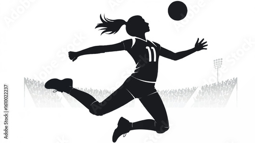 Dynamic black and white silhouette of a female volleyball player spiking the ball
