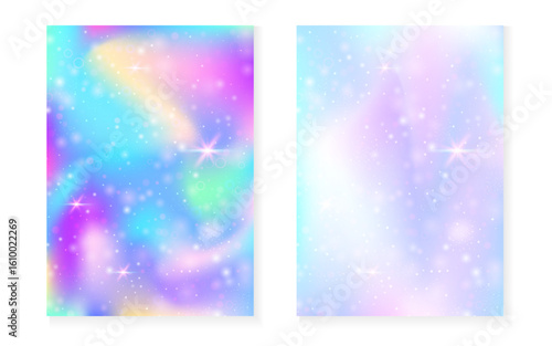 Magic background with princess rainbow gradient. Kawaii unicorn hologram. Holographic fairy set. Vibrant fantasy cover. Magic background with sparkles and stars for cute girl party invitation.